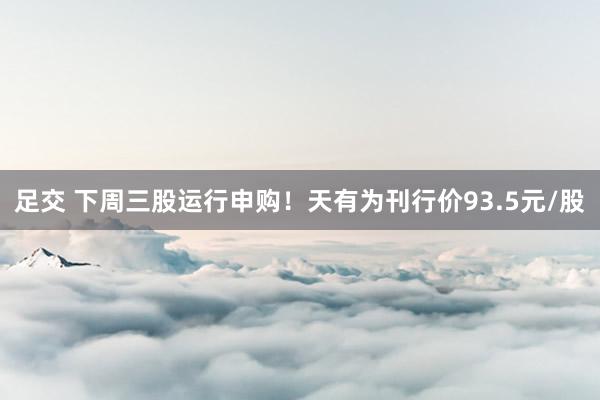 足交 下周三股运行申购！天有为刊行价93.5元/股